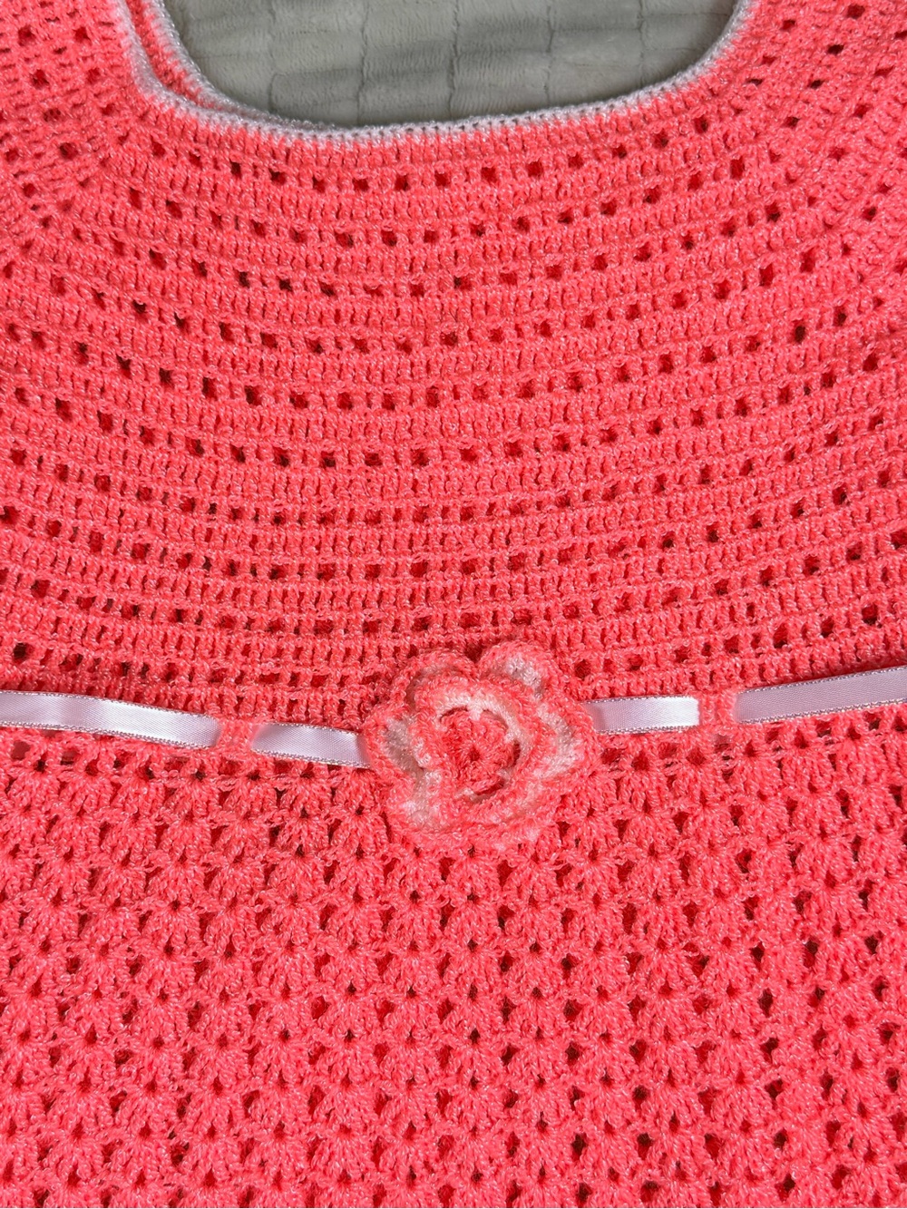 Handmade Crochet Girls Dress Pink Coral Cottagecore Heirloom Flower Ribbon - Picture 3 of 12